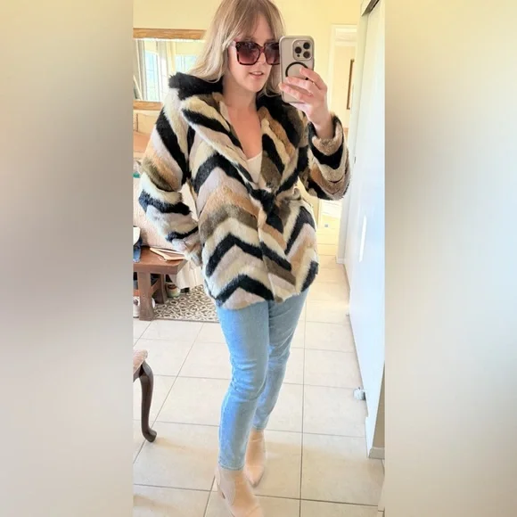 TopShop Multicolor Chevron Faux Fur Coat - Picture 13 of 13